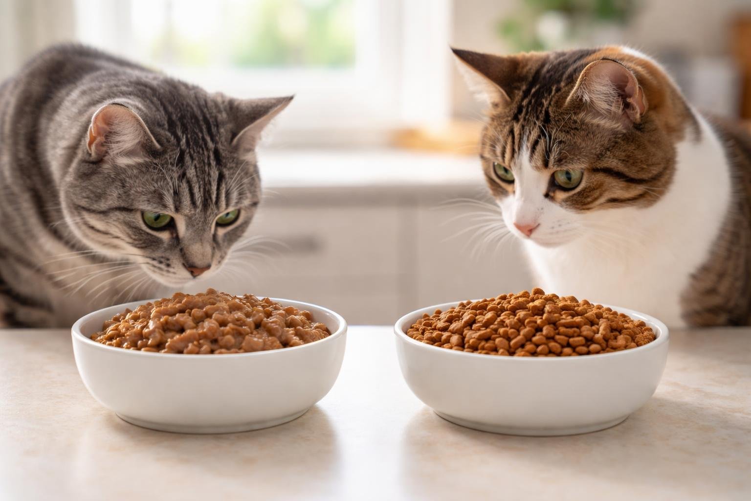 Two bowls of cat food on a kitchen countertop with one cat near each bowl, one bowl containing wet food and the other dry kibble.