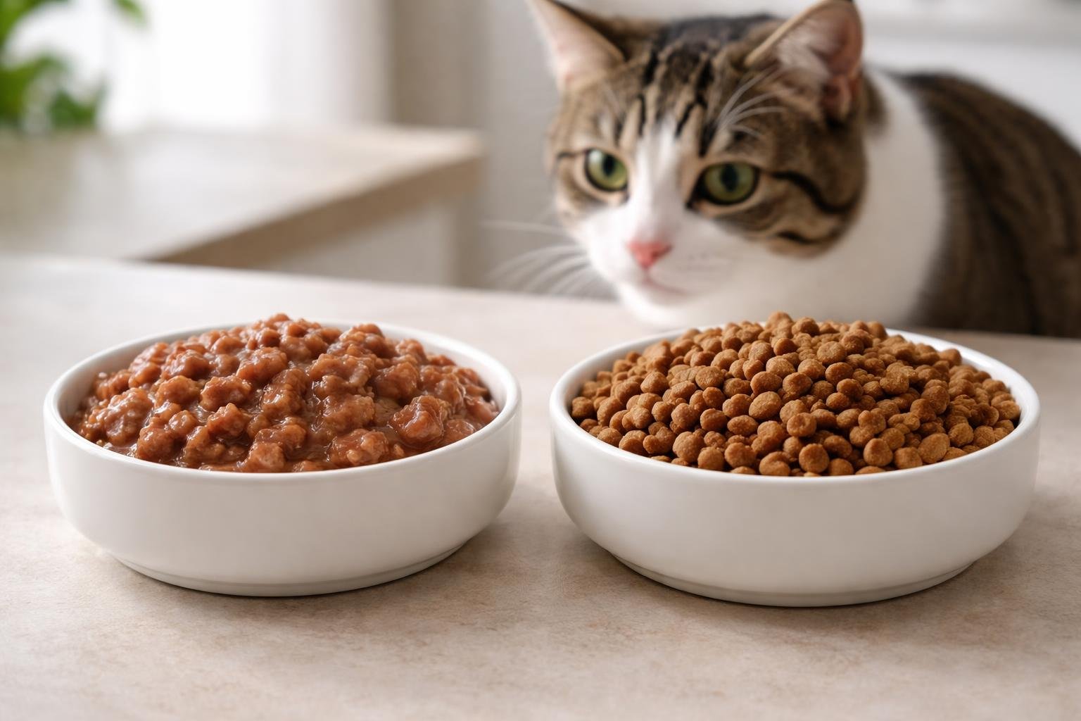 A domestic cat looking at two bowls, one with wet cat food and the other with dry cat food, placed side by side on a clean surface.
