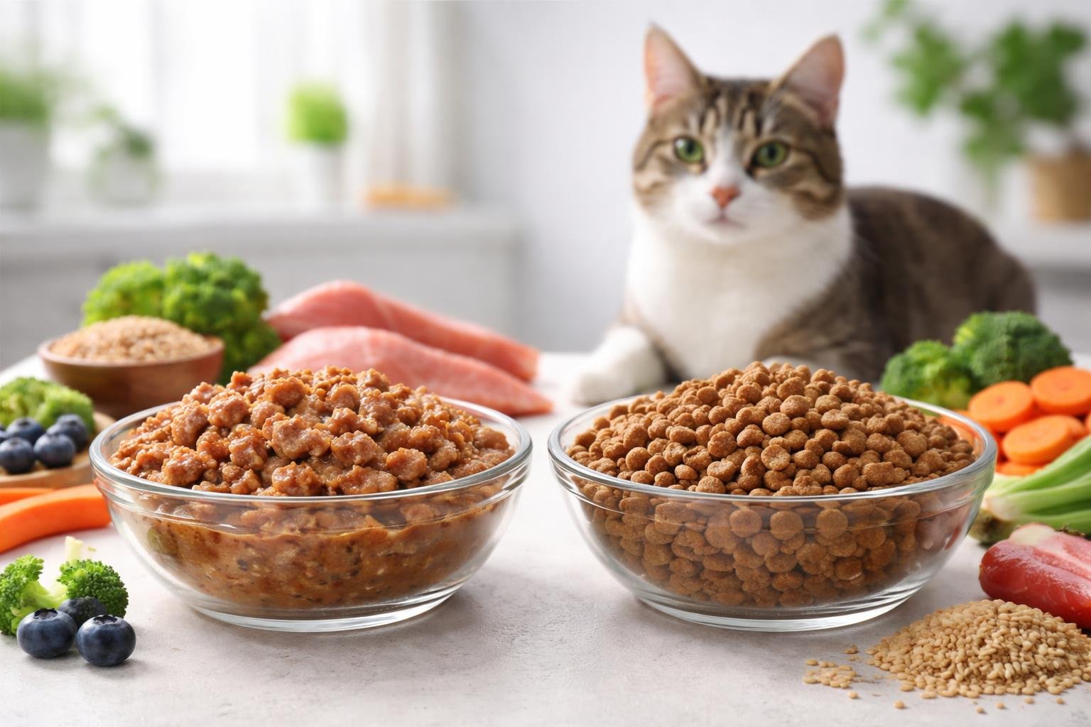 Two bowls of cat food side by side, one with wet food and one with dry kibble, with a healthy cat nearby.