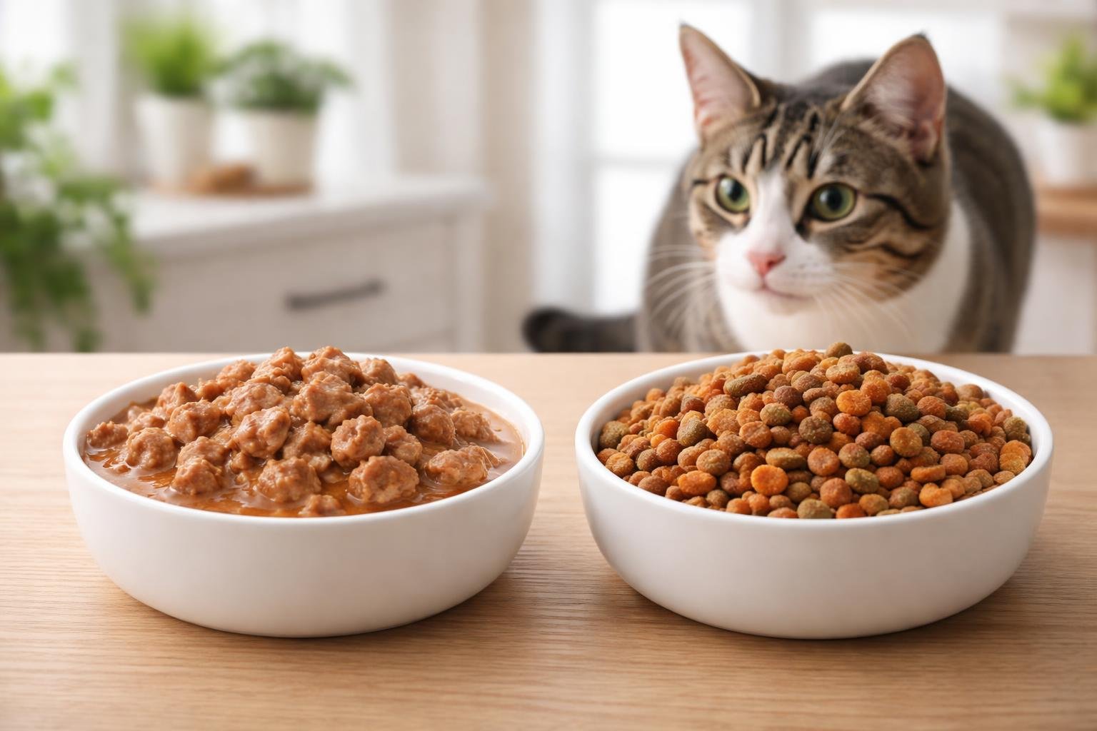 A domestic cat looking at two bowls on a wooden surface, one with wet cat food and the other with dry cat food.