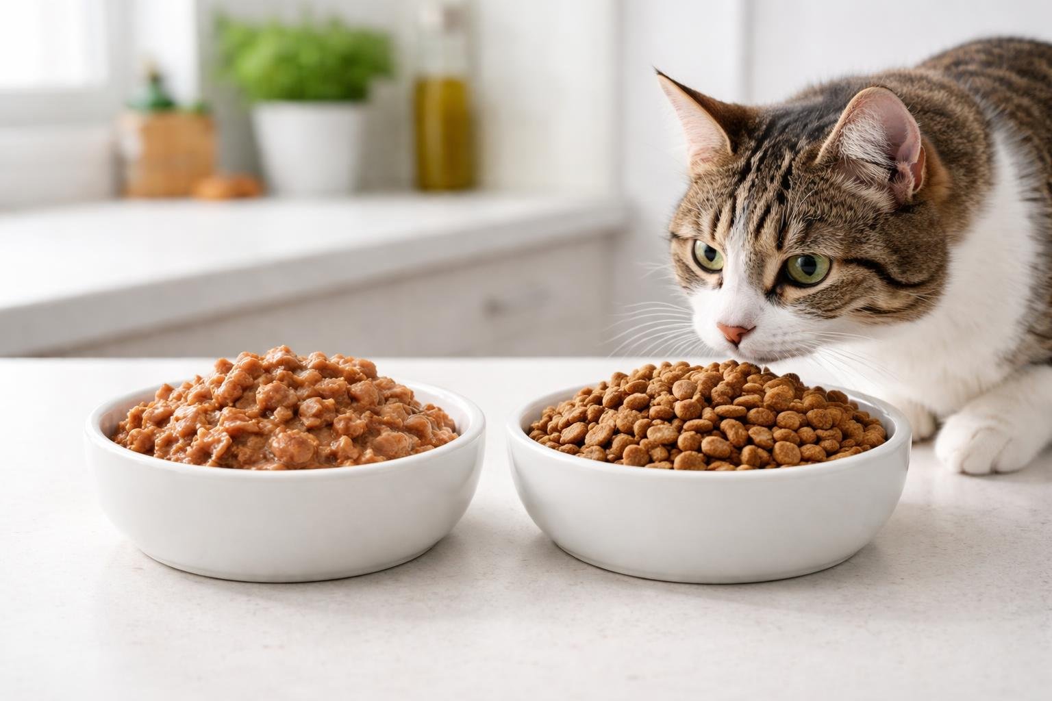 A domestic cat looking at two bowls on a kitchen counter, one with wet cat food and the other with dry kibble.