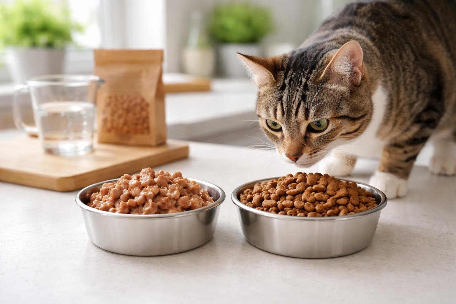 A cat sniffing two bowls of cat food, one with wet food and one with dry kibble, on a kitchen countertop.