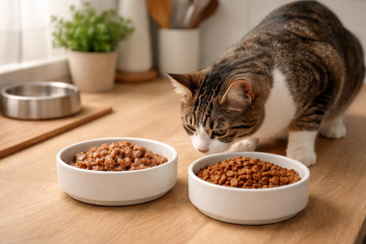 A domestic cat eating from a bowl of wet cat food on a kitchen countertop next to a bowl of dry cat food.