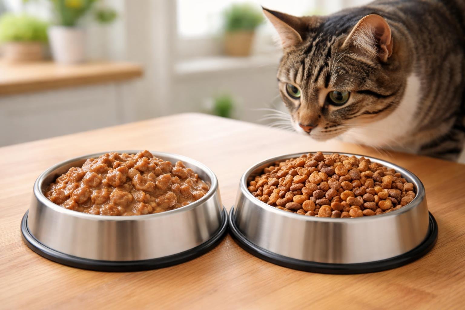 A cat looking at two bowls on a table, one with wet cat food and the other with dry cat food.