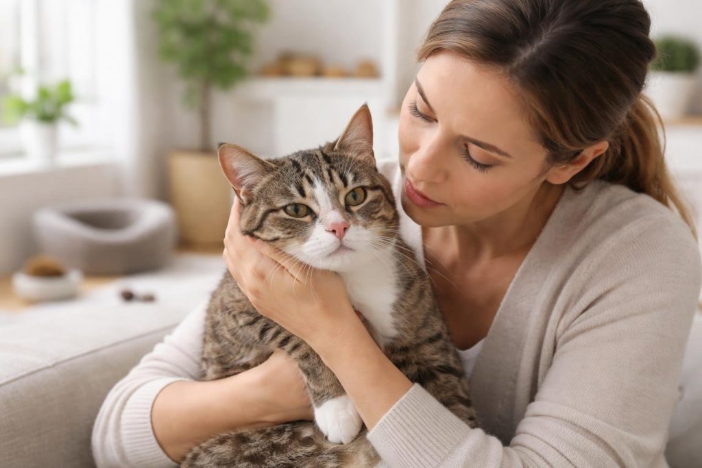 A pet parent gently holding a cat that looks slightly uncomfortable indoors, showing concern and care.