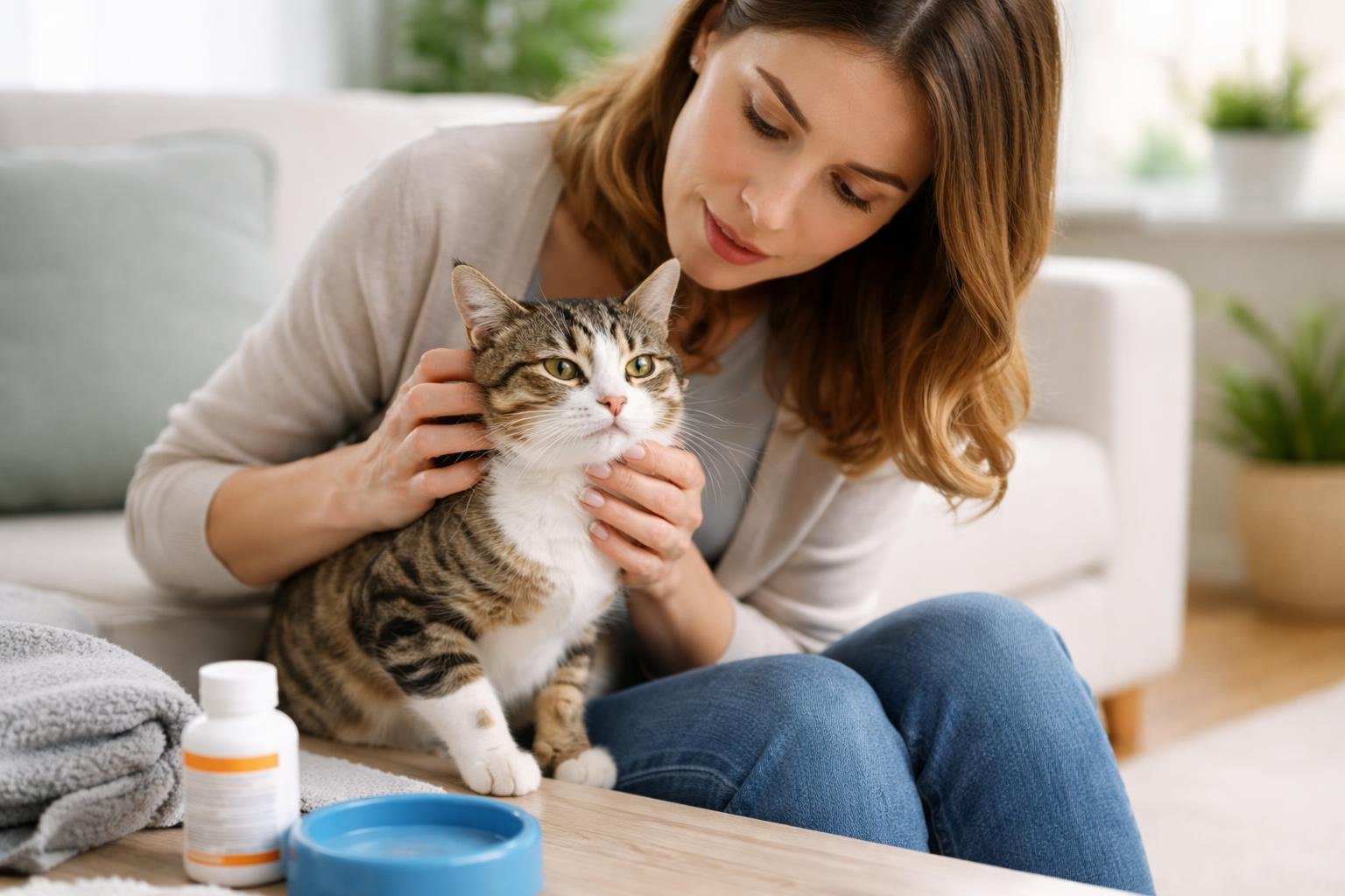 A person gently holding a cat showing signs of an allergic reaction in a bright living room.