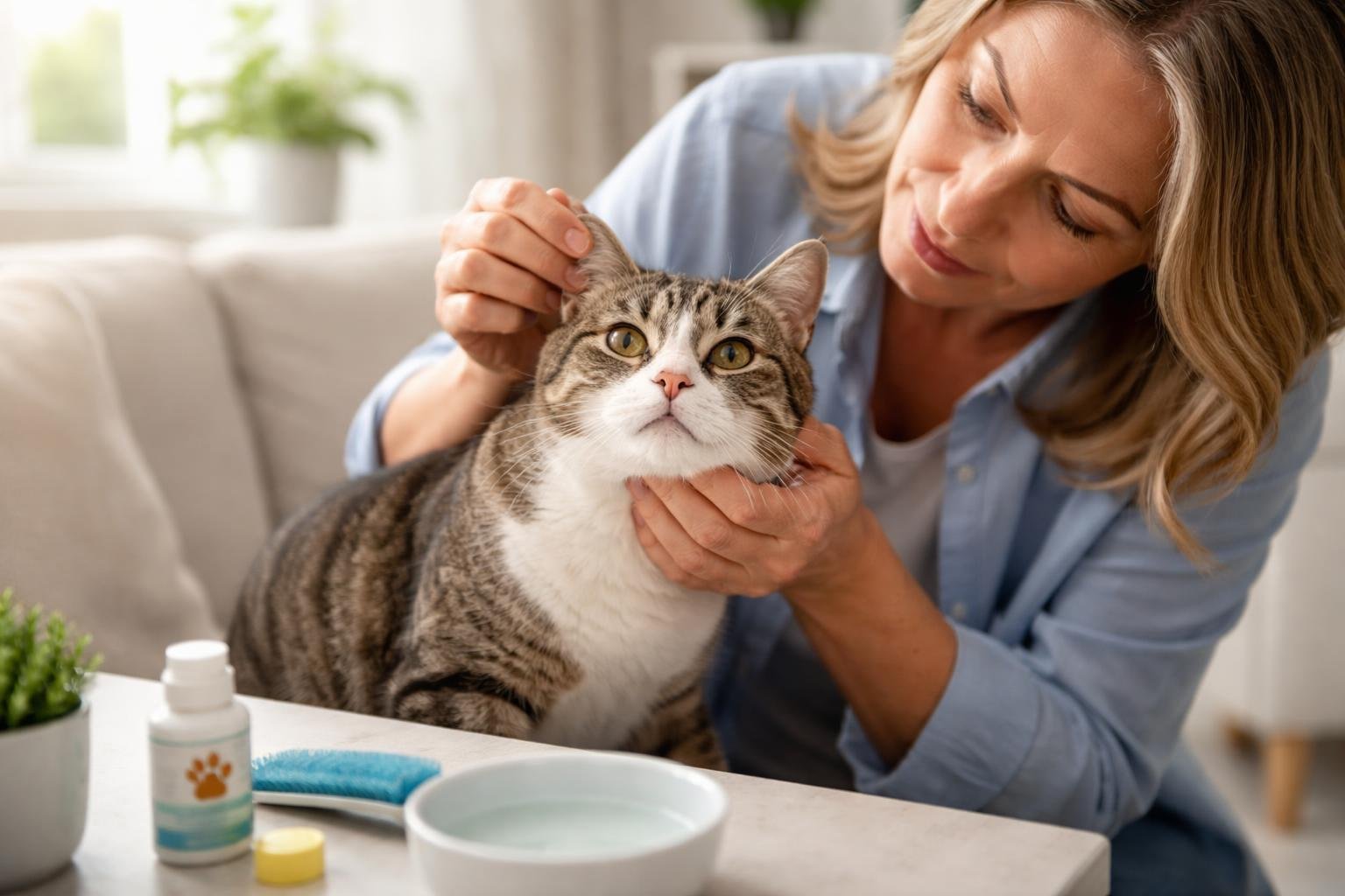 A pet parent gently examining their cat for signs of an allergic reaction in a bright living room.