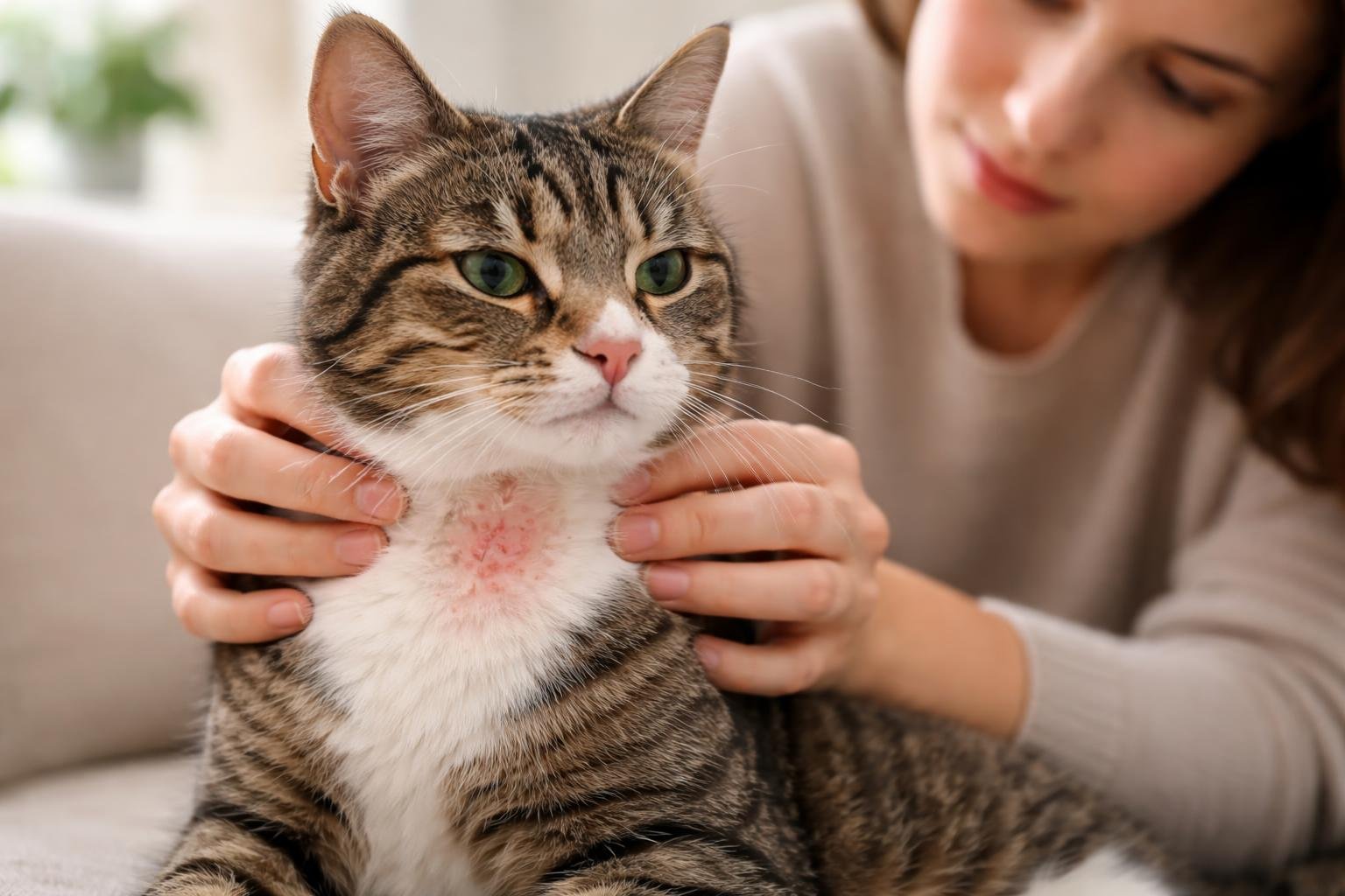 A pet parent gently examining a domestic cat's skin showing mild irritation in a bright indoor setting.