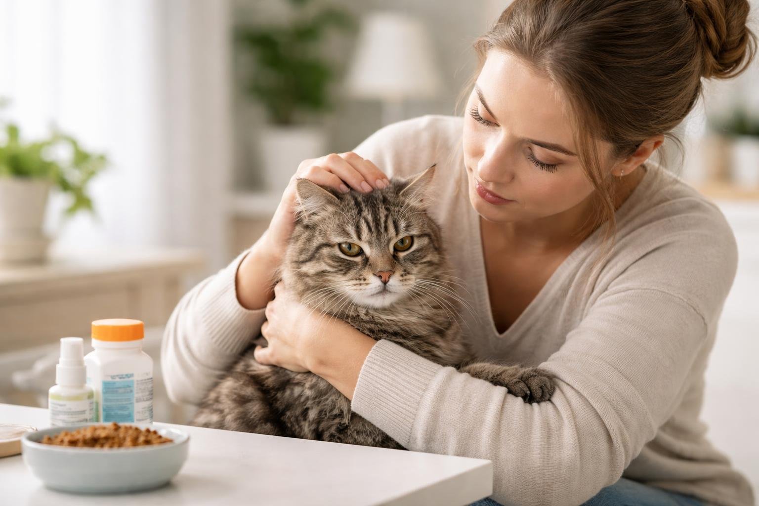 A pet parent gently holding a cat that looks uncomfortable, showing concern in a bright home setting.
