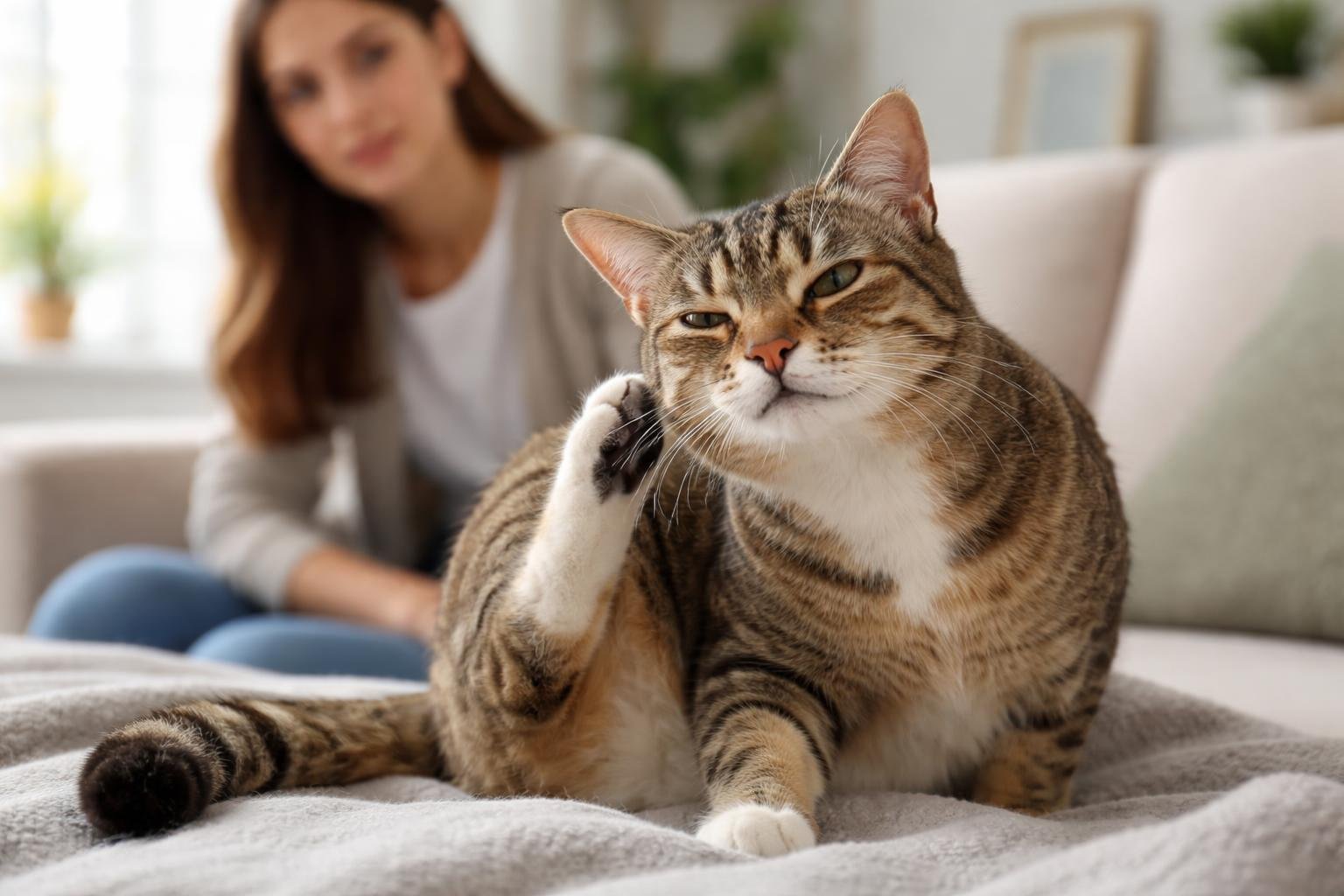 A cat scratching behind its ear indoors while a woman watches with concern.