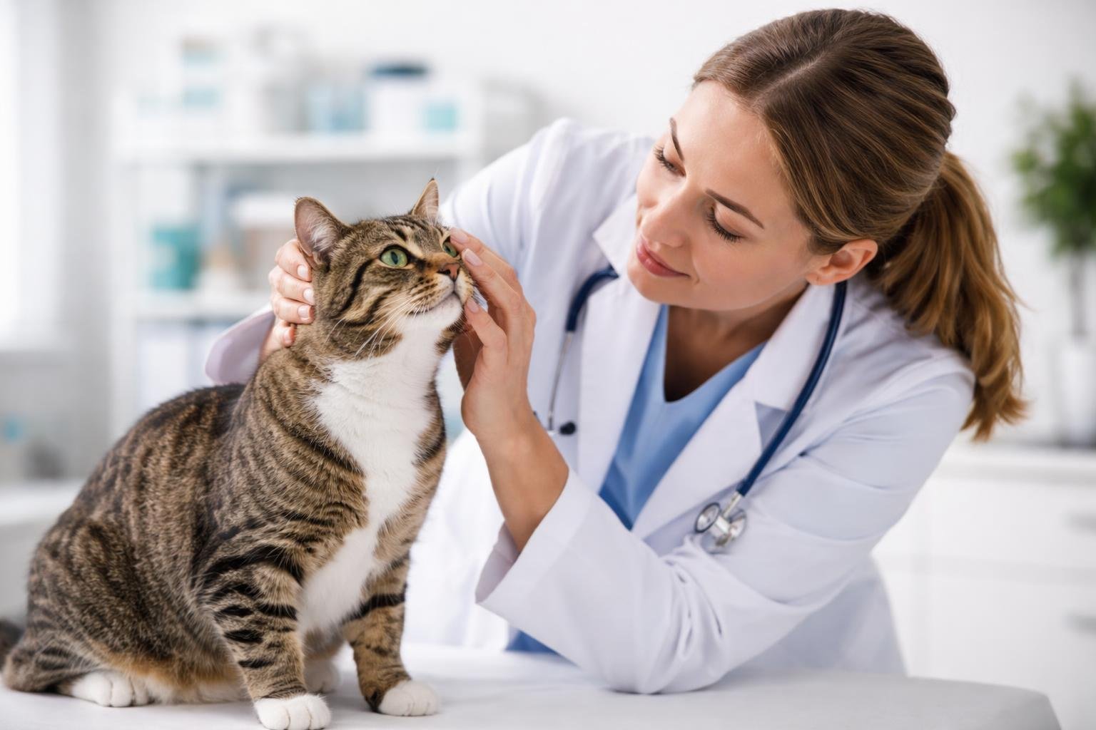 A veterinarian gently examining a cat on an examination table in a bright veterinary clinic.