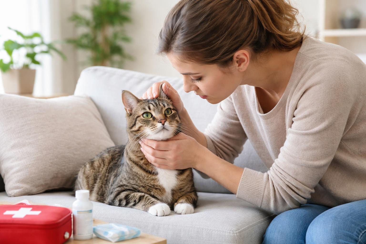 A person gently examining their cat indoors, showing concern while caring for the pet.
