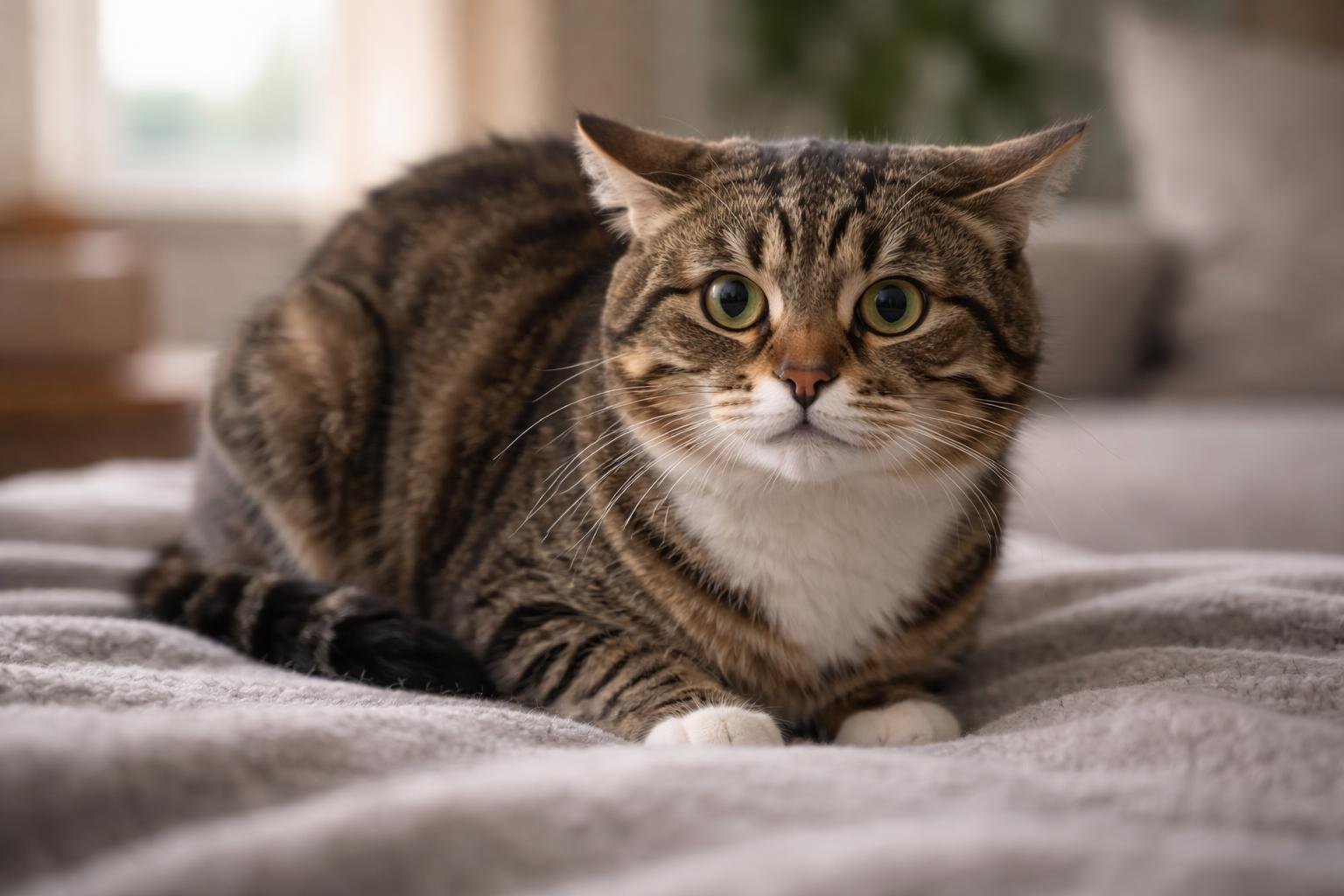 A domestic cat sitting indoors with flattened ears and wide eyes, showing signs of stress.