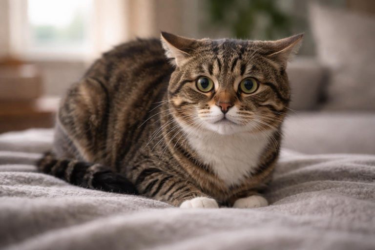 A domestic cat sitting indoors with flattened ears and wide eyes, showing signs of stress.