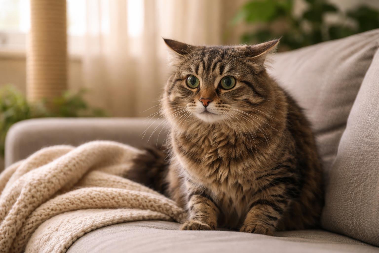 A tabby cat sitting on a couch indoors, looking alert with wide eyes and slightly flattened ears.