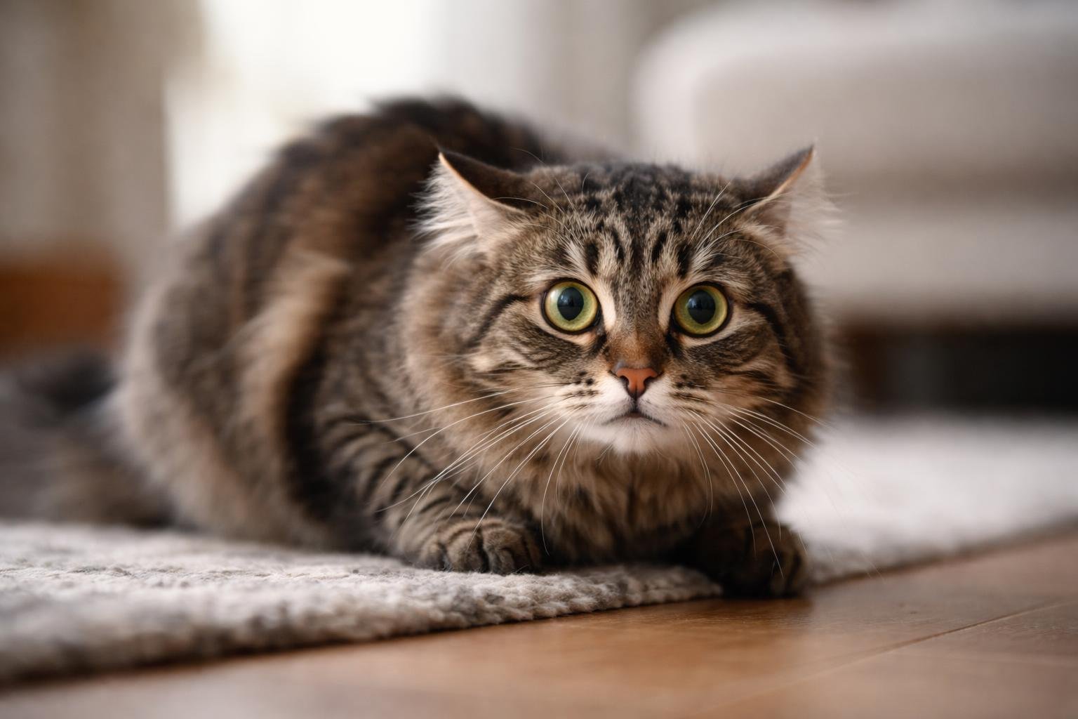 A tabby cat crouched low on a wooden floor with ears slightly flattened and wide eyes, showing signs of stress indoors.
