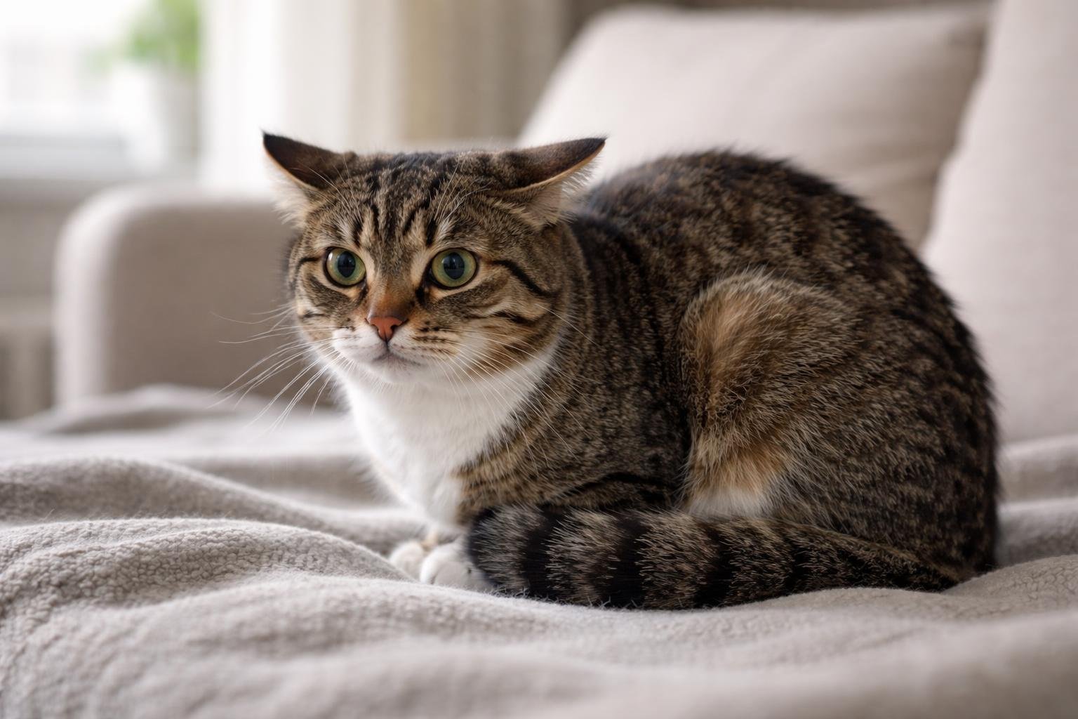 A domestic cat indoors showing signs of stress with flattened ears, wide eyes, and a tense posture.