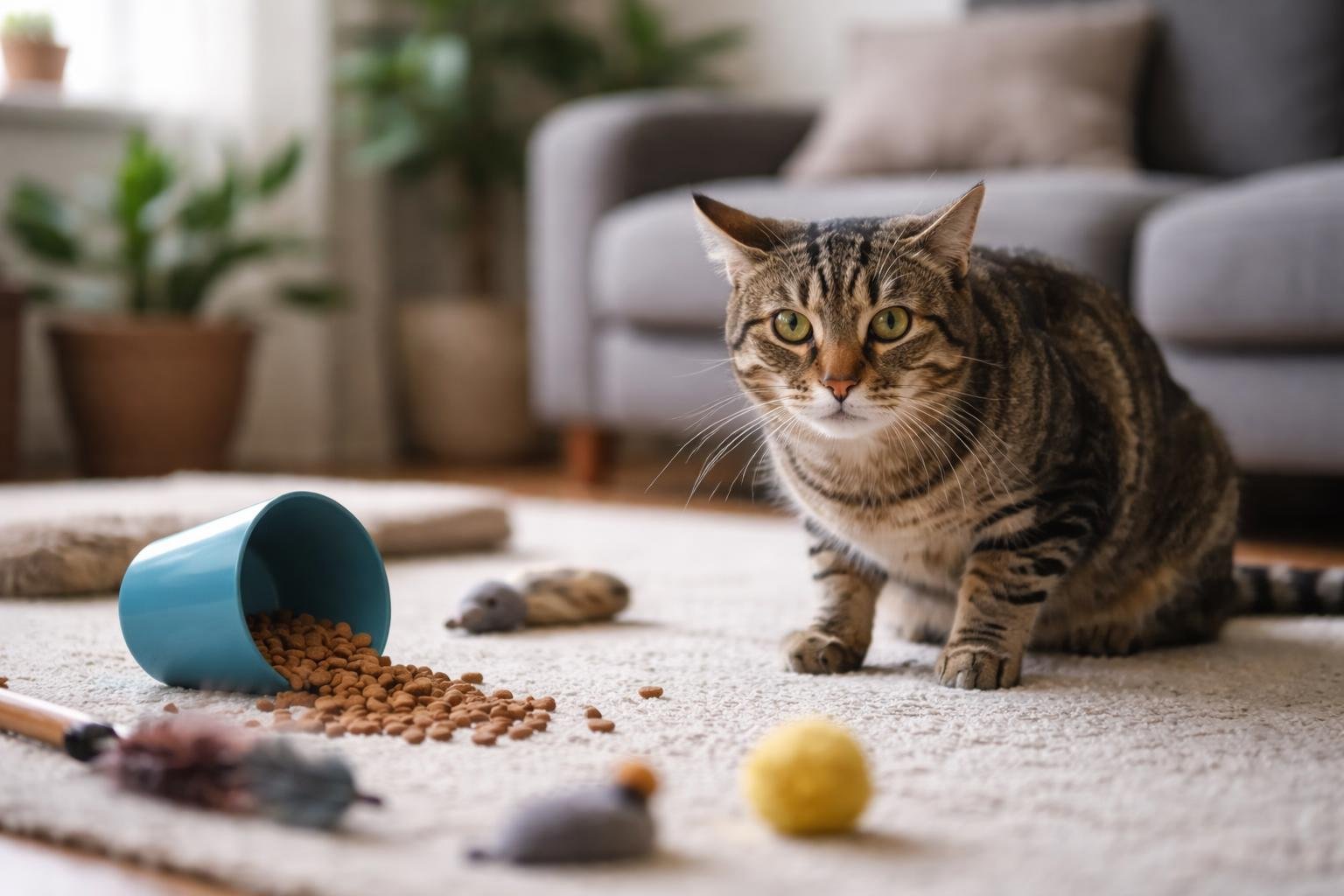 A tabby cat sitting on a living room floor near a tipped food bowl and scattered toys, looking tense and alert.
