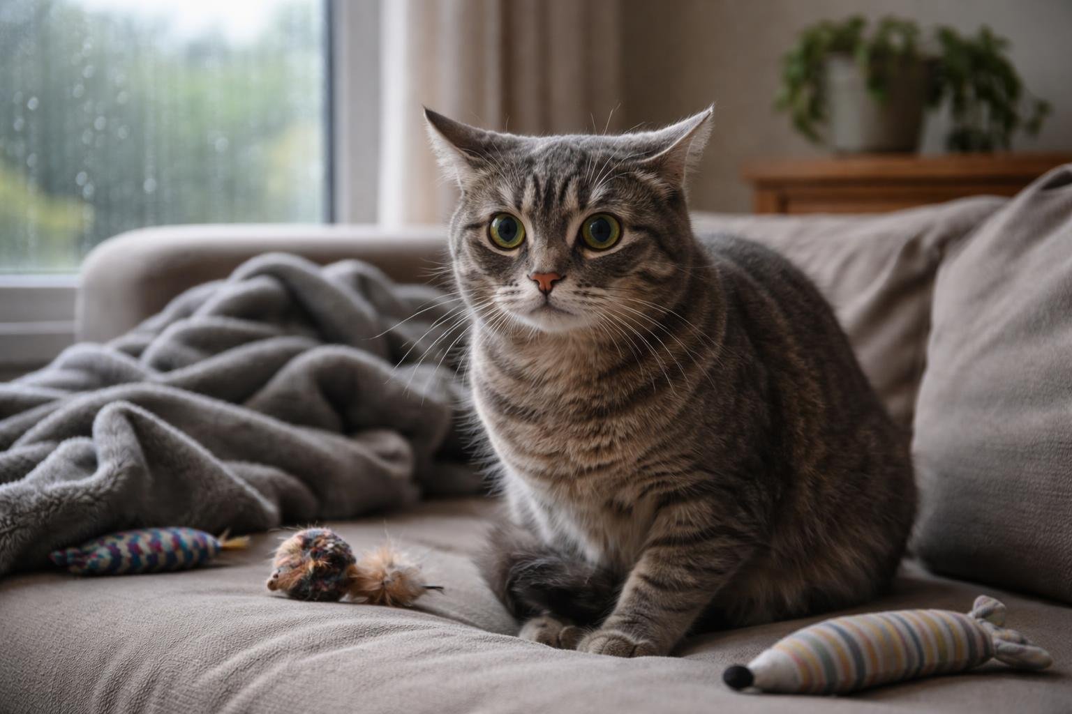 A cat sitting tensely on a couch in a living room with scattered toys and a rainy window in the background.