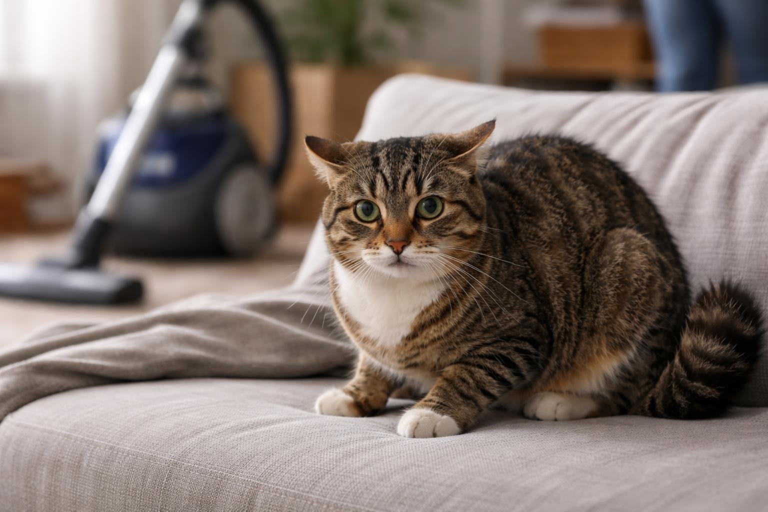 A domestic cat sitting indoors with ears flattened and wide eyes, showing signs of stress.