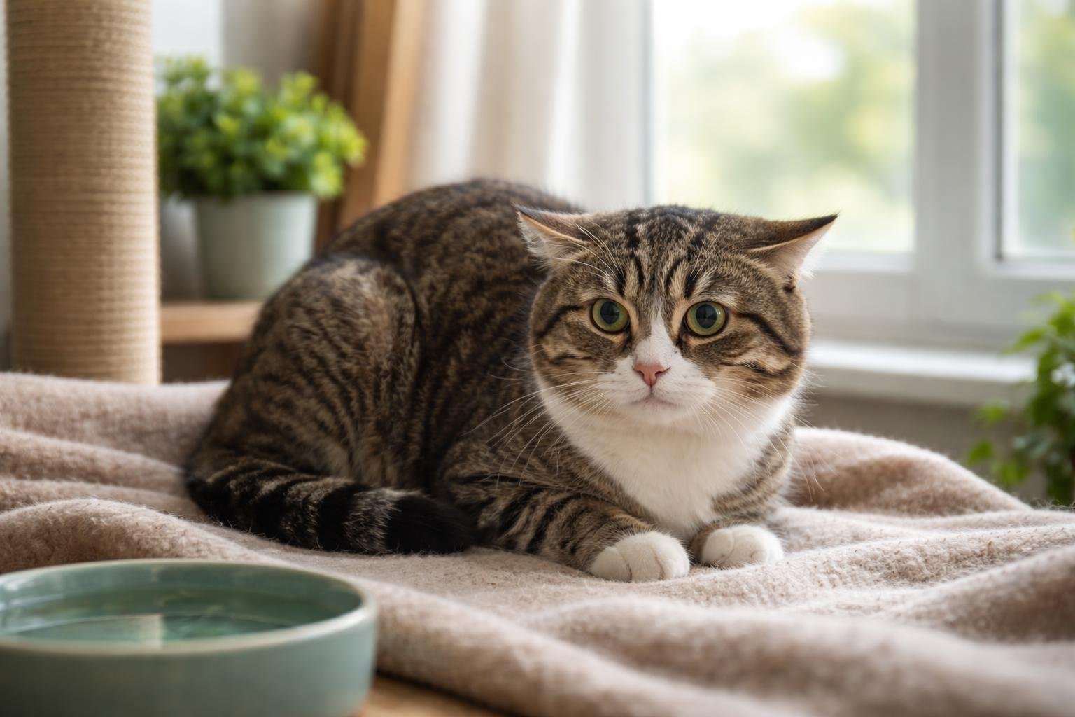 A domestic cat sitting indoors looking alert and slightly tense near a window with soft natural light.