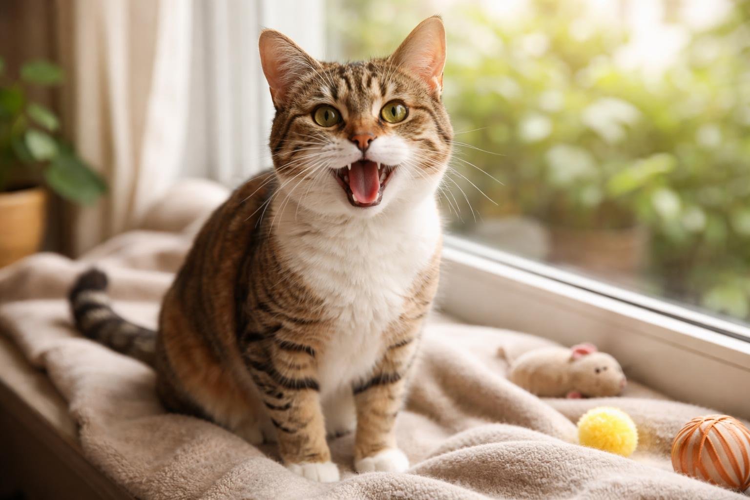 A domestic cat sitting on a windowsill, meowing with its mouth open and looking at the camera.