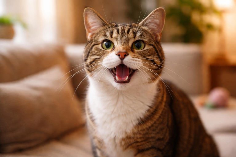 Close-up of a domestic cat meowing indoors in a cozy living room setting with natural light.