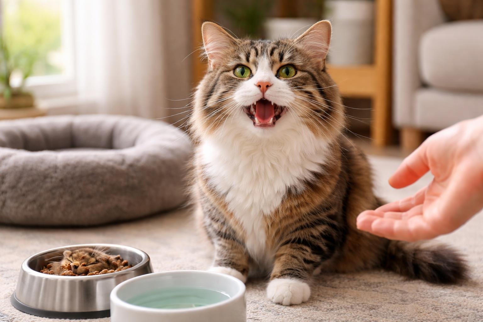 A domestic cat sitting indoors near a window, meowing with its mouth open, surrounded by a food bowl, water dish, cat bed, and a human hand reaching out to it.