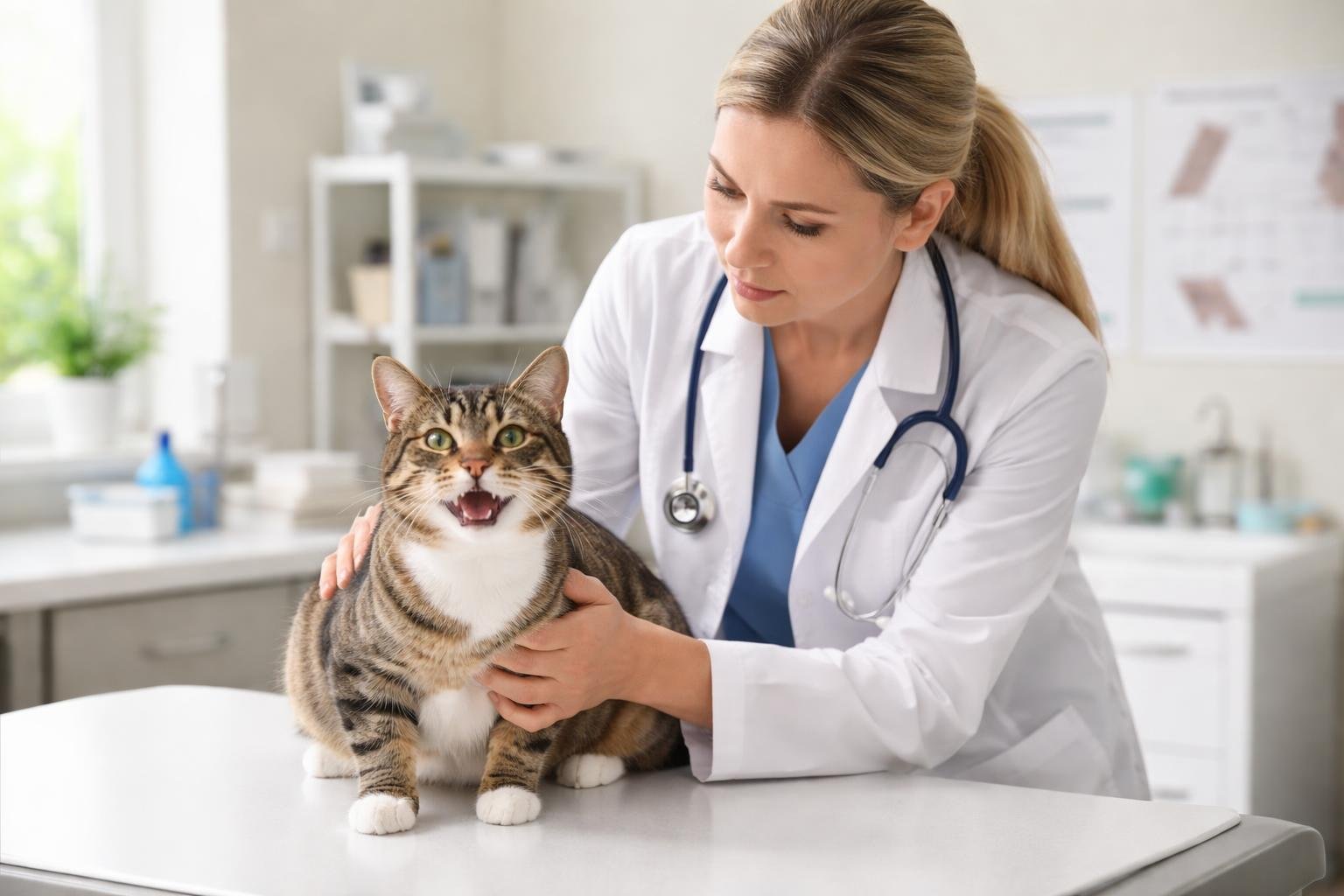 A veterinarian gently examining a cat on a table in a veterinary clinic.