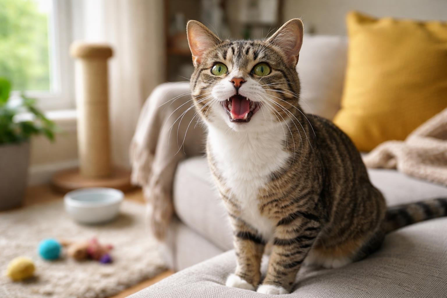 A domestic short-haired cat sitting on a couch by a window, meowing with its mouth open, surrounded by cat toys and a scratching post in a cozy living room.