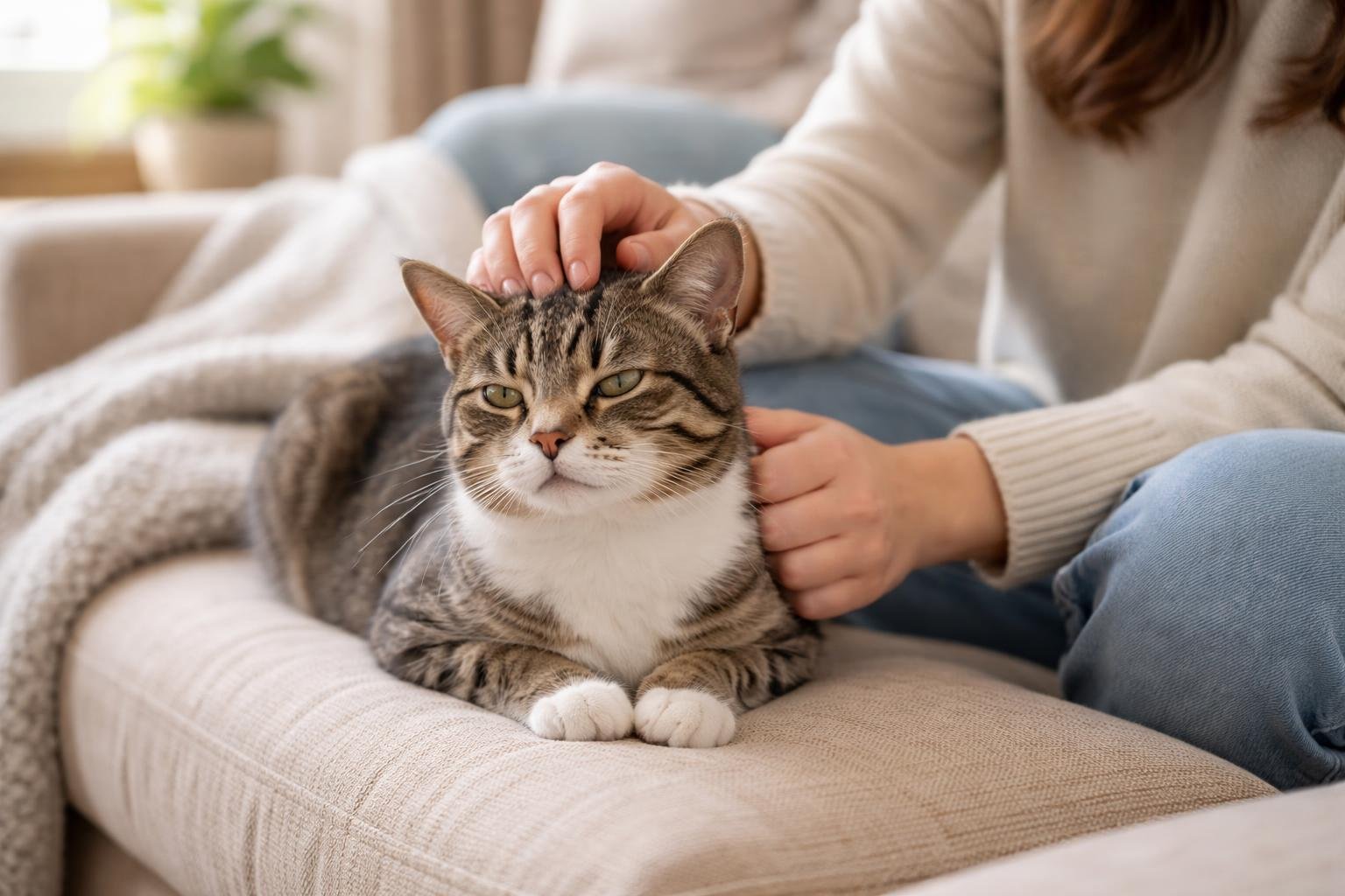 A person gently petting a calm cat sitting on a couch in a cozy living room.