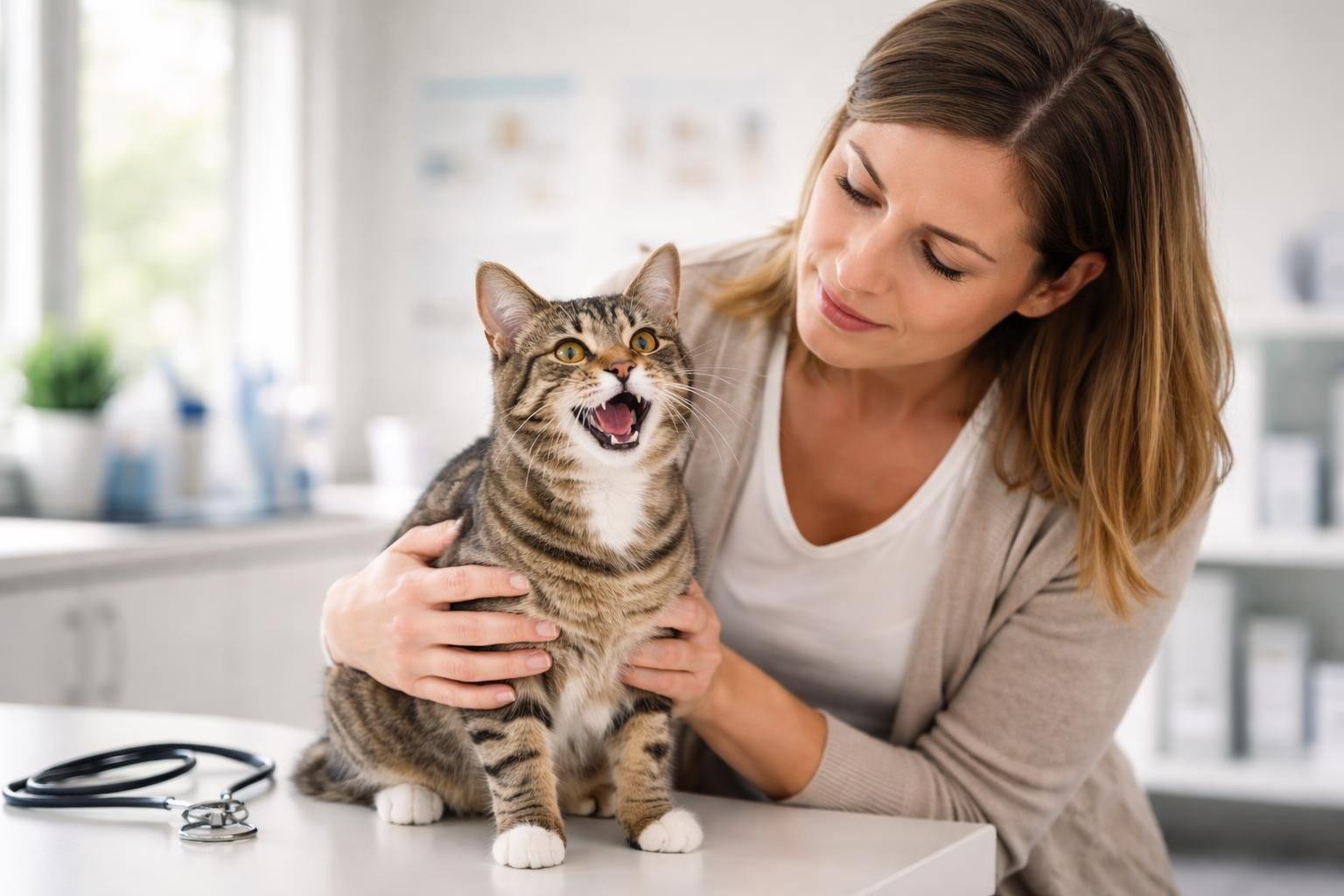 A person gently holding a meowing cat inside a veterinary clinic with medical equipment in the background.