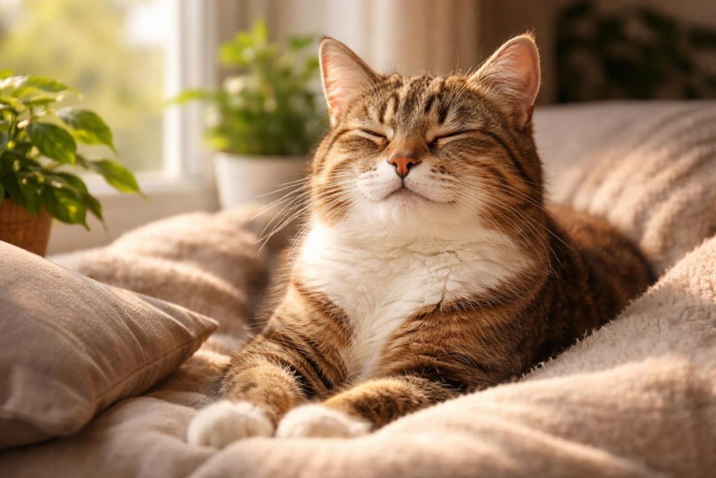 A content cat with closed eyes sitting on a windowsill surrounded by cushions and plants.