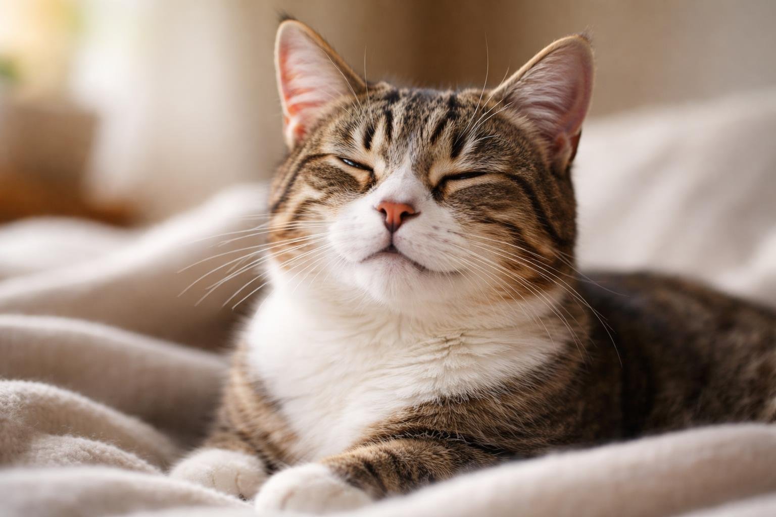 A close-up of a relaxed domestic cat sitting comfortably with eyes half-closed, appearing content and peaceful.