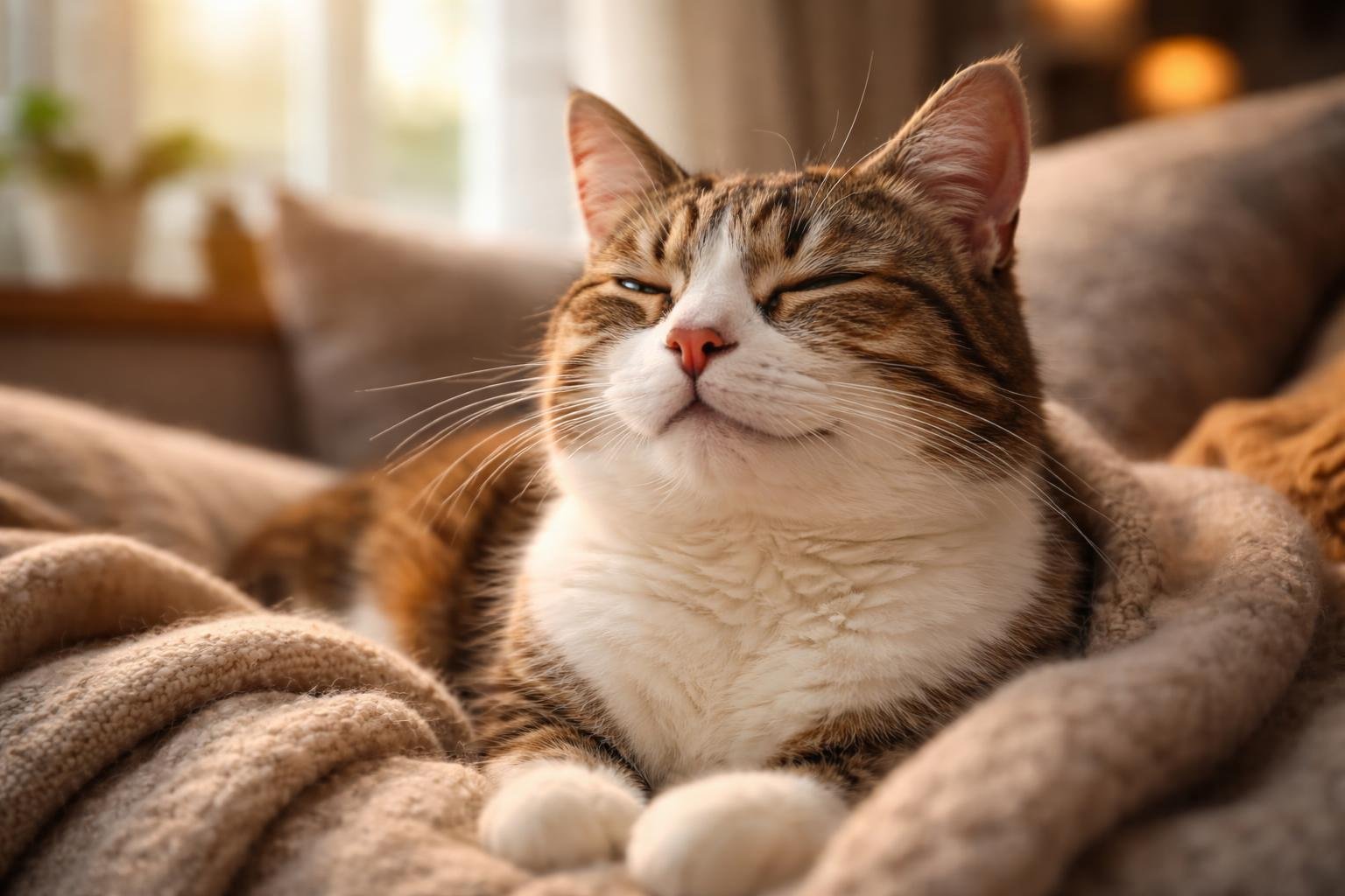 A close-up of a calm domestic cat resting comfortably on a soft blanket indoors.