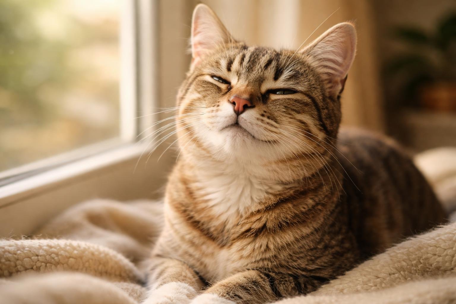 A domestic cat sitting on a windowsill with eyes half-closed, appearing to purr softly and seek attention.