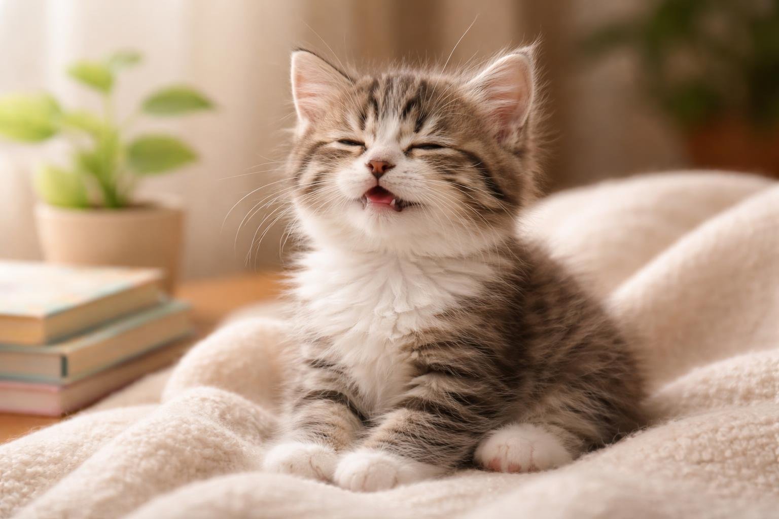 A peaceful kitten sitting on a soft blanket with eyes closed, surrounded by a plant and books.