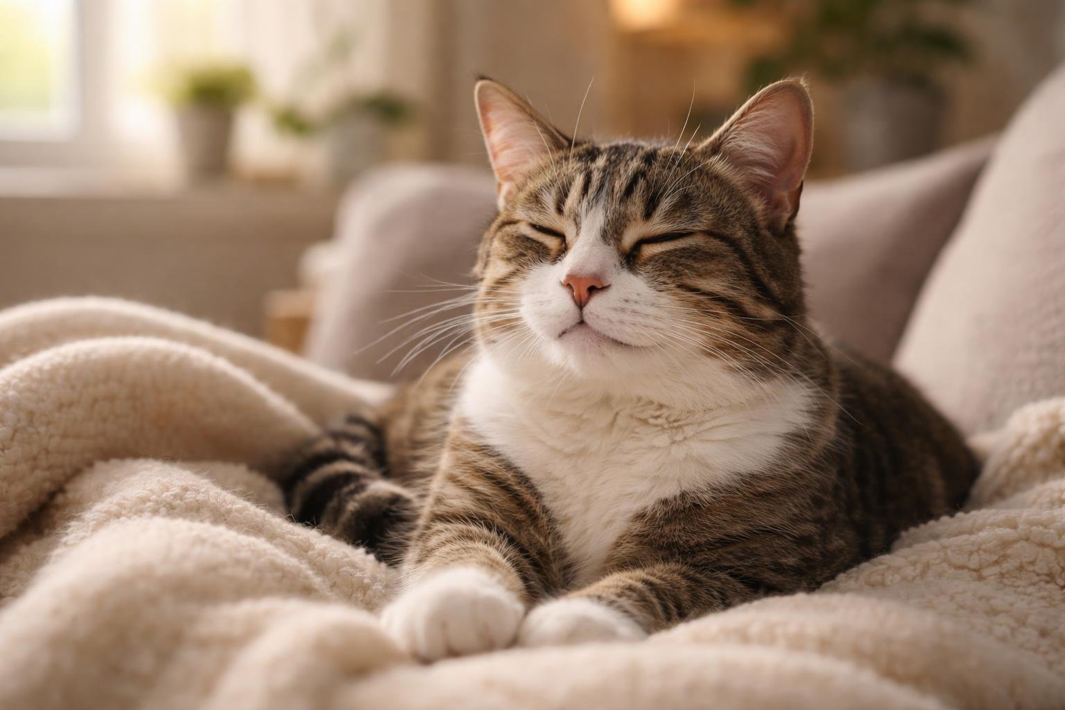 A calm cat resting peacefully on a soft blanket in a cozy room with gentle natural light.