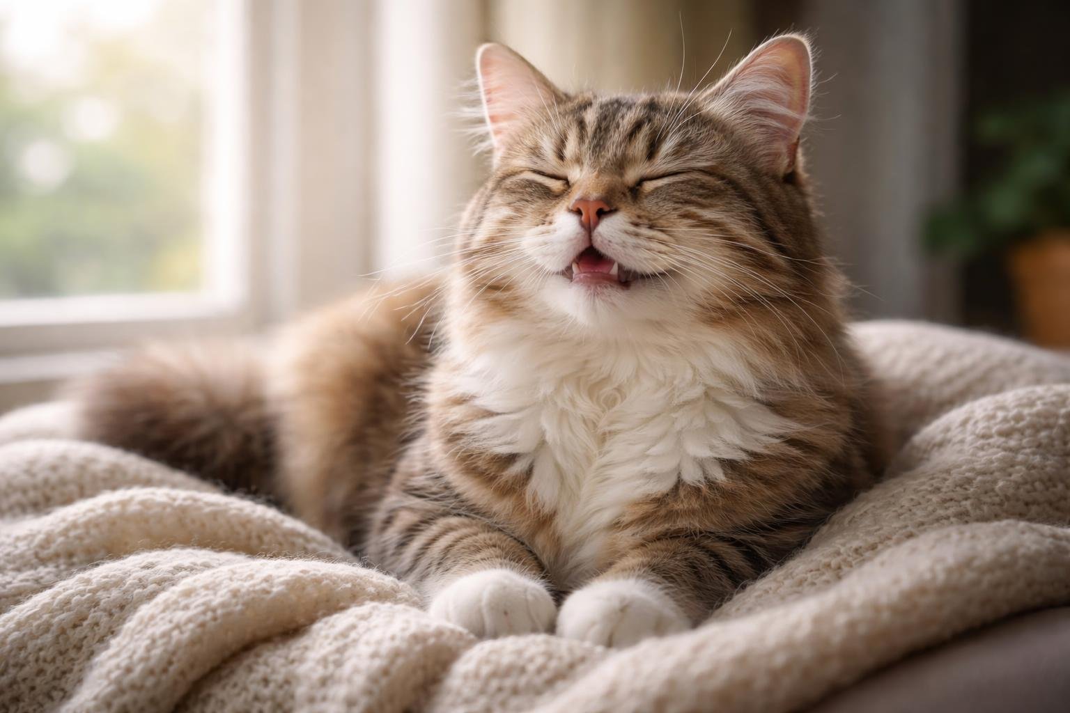 A relaxed cat sitting on a blanket by a window, eyes closed and appearing content.