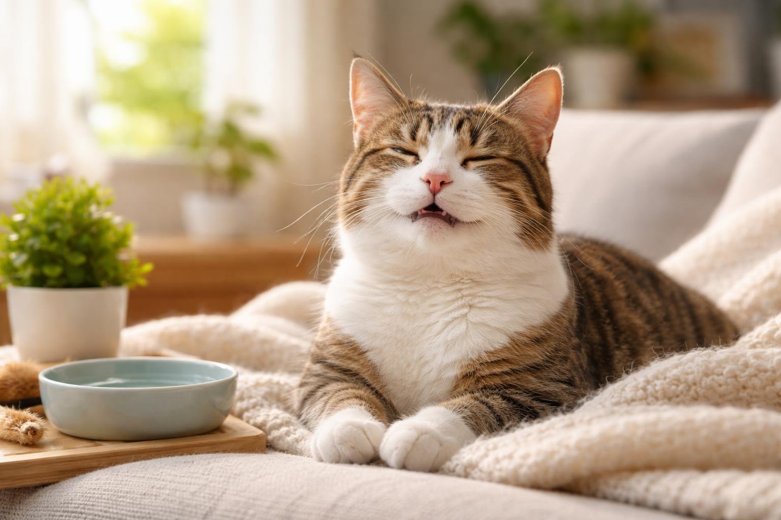 A relaxed domestic cat sitting on a blanket with eyes closed, appearing content and comfortable indoors.