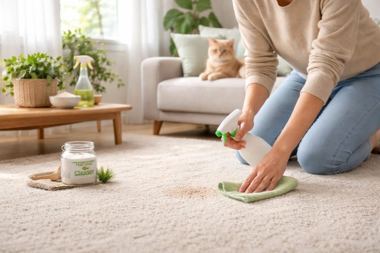 Person cleaning a small spot on a carpet in a living room while a cat sits on a couch nearby.