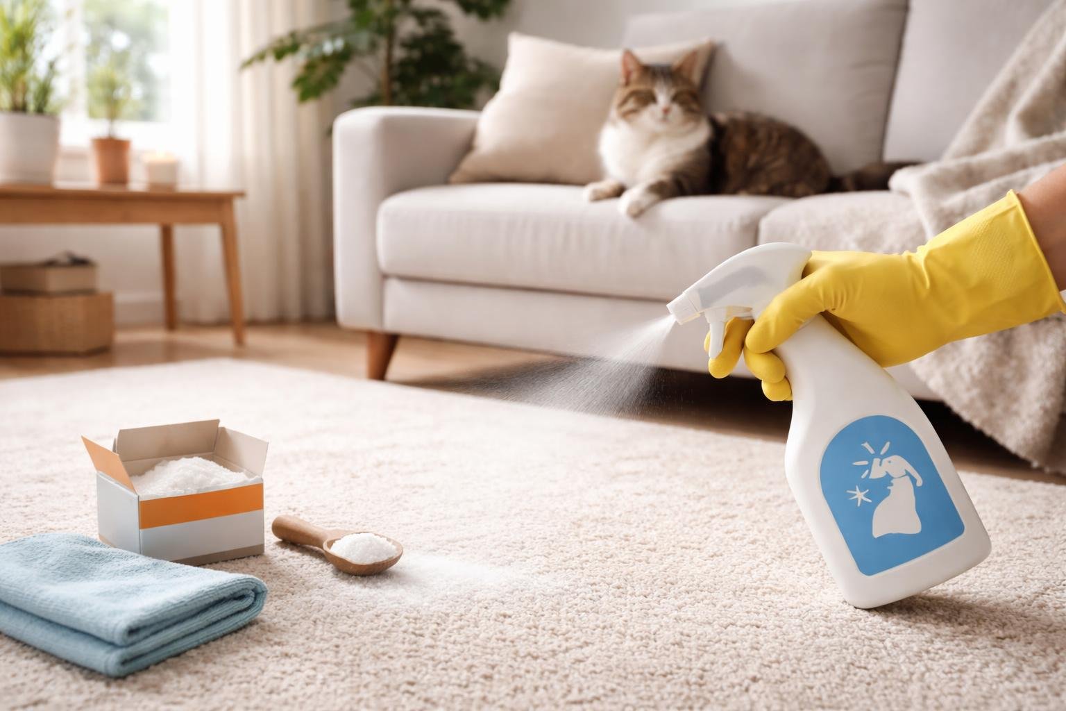 A person cleaning a carpet with a spray bottle and cloth while a cat sits calmly on a sofa in a bright living room.