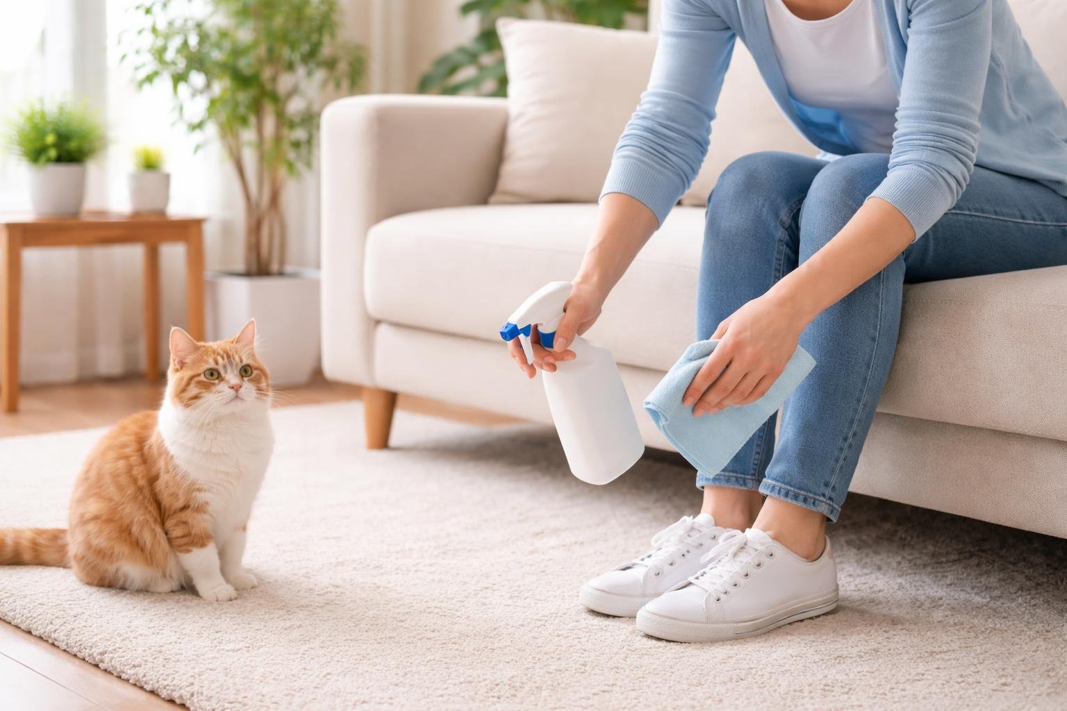 A person cleaning a carpet with a spray bottle and cloth while a cat sits nearby in a bright living room.