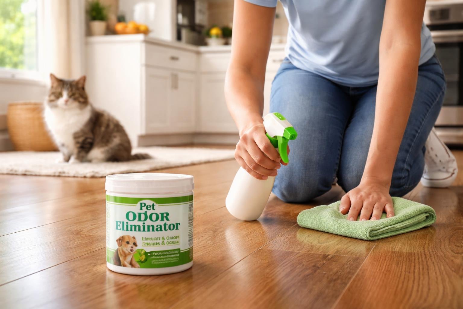 Person cleaning a hardwood floor with a spray bottle and cloth while a cat sits calmly nearby in a bright kitchen.
