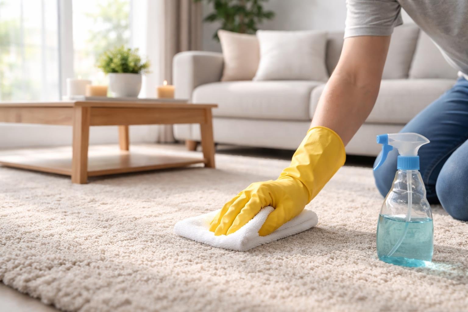 A person cleaning a spot on a carpet in a bright living room with a wooden table and fabric sofa nearby.