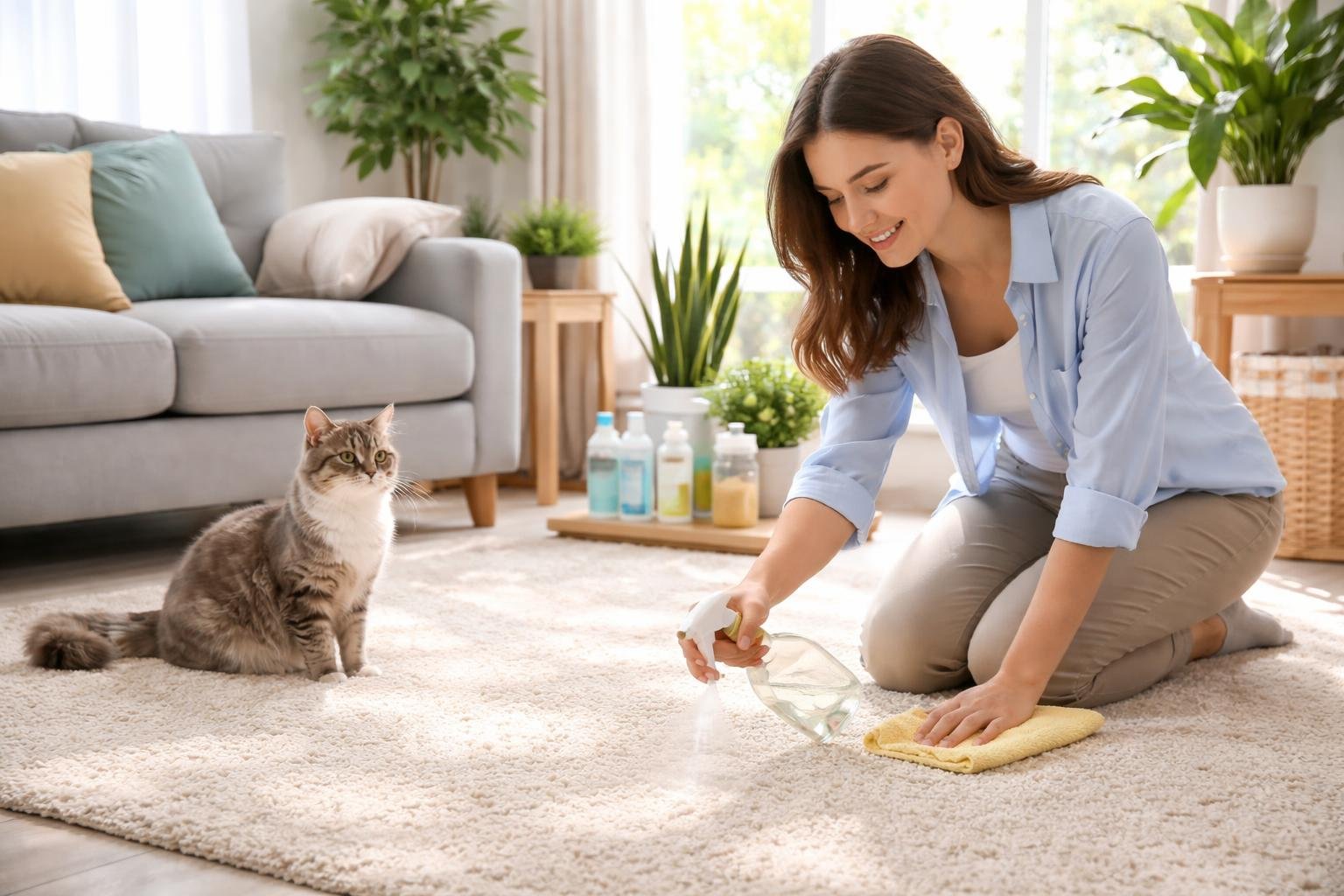 A woman sprays a cleaning solution on a carpet while a cat sits nearby in a bright living room with plants and pet care products.