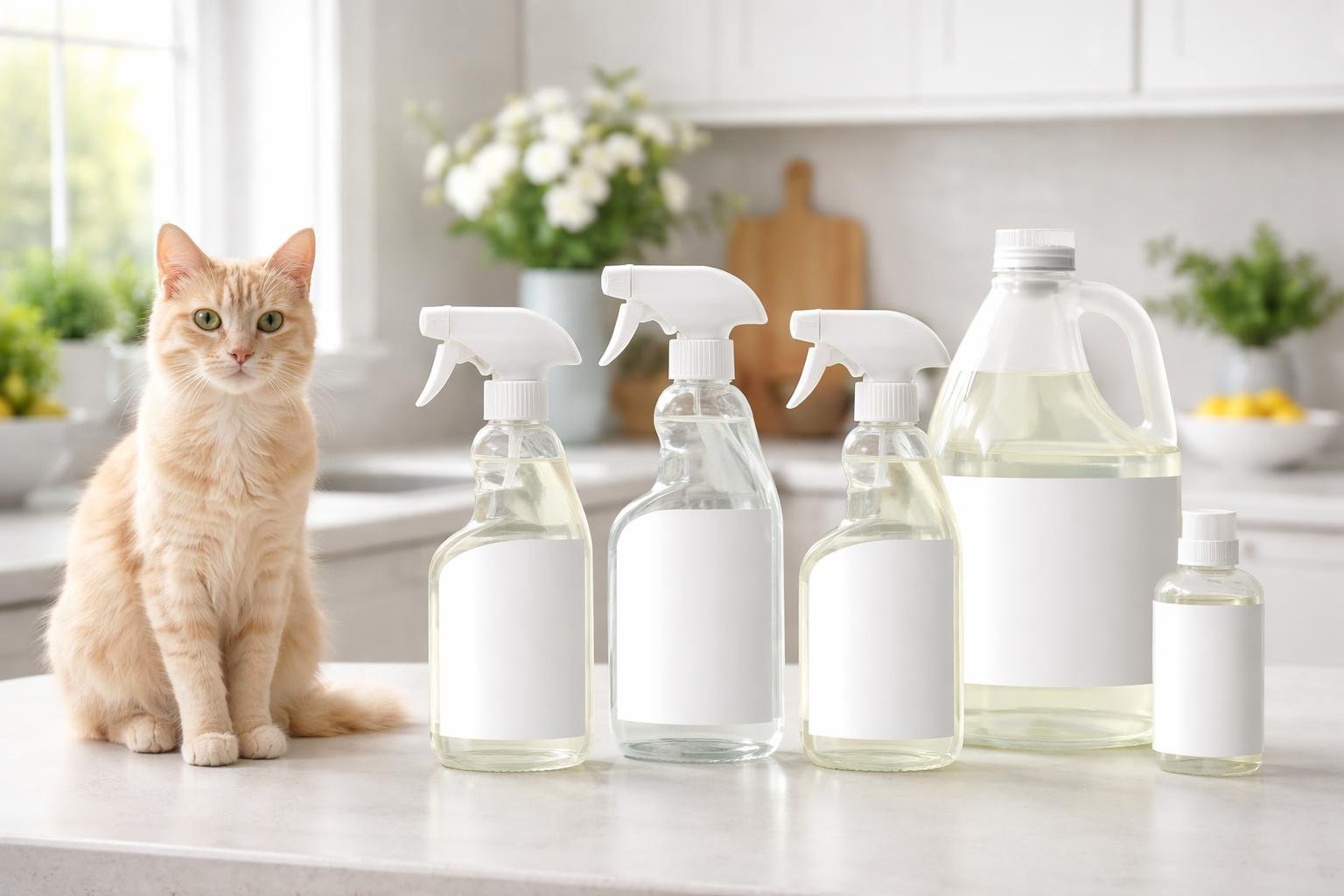A clean kitchen countertop with enzyme cleaner bottles and a calm cat sitting nearby.
