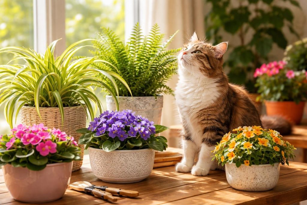 A cat sitting peacefully among various green plants and colorful flowers on a wooden table near a window.