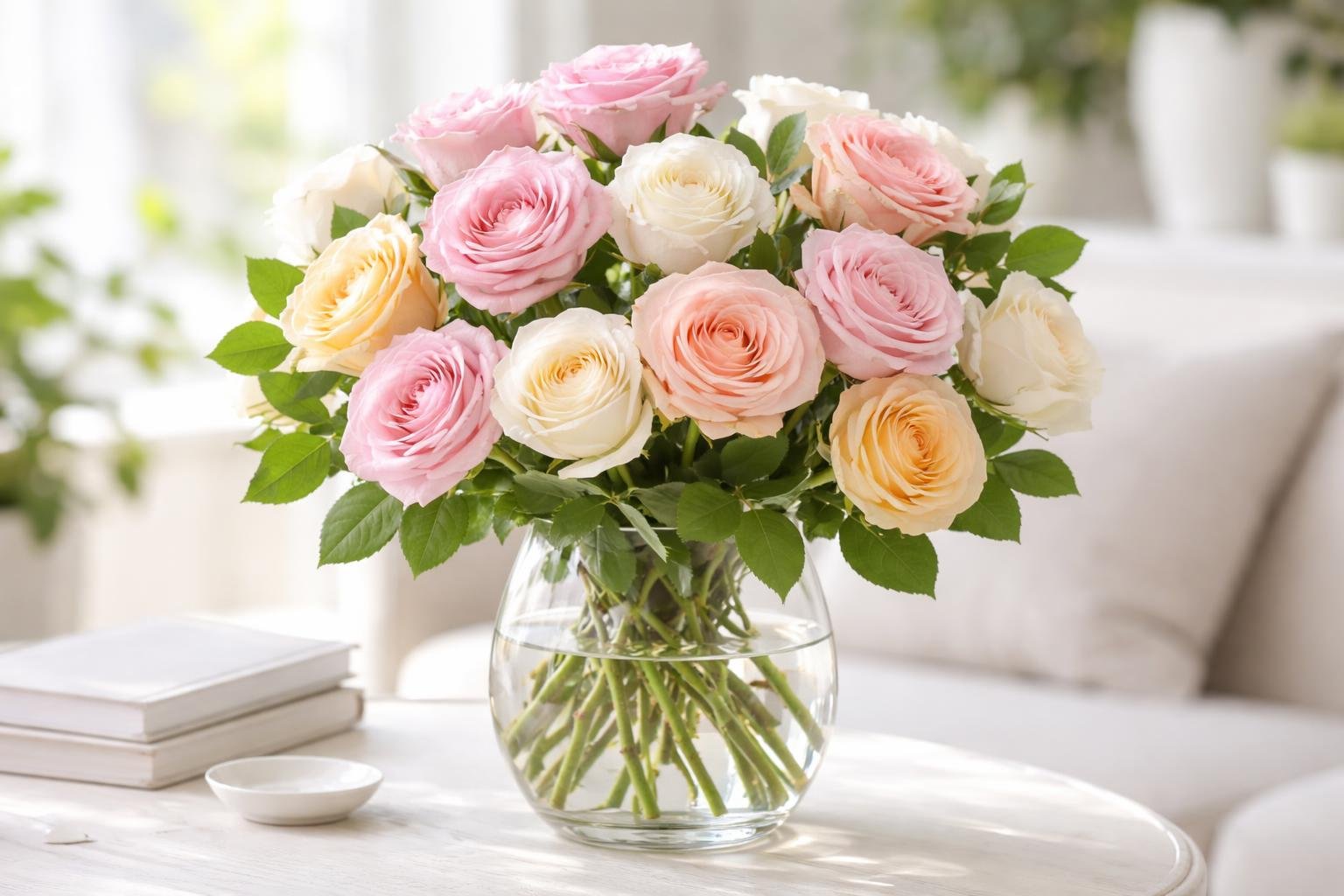A bouquet of pink, white, and yellow roses in a glass vase on a white surface with green leaves and a softly blurred indoor background.