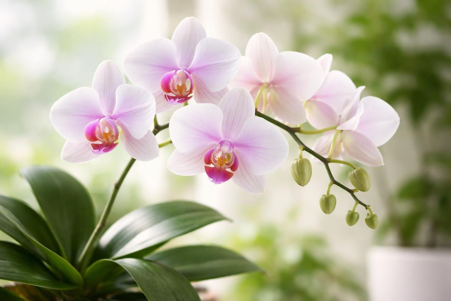 A close-up of a blooming Phalaenopsis orchid with white and pink flowers and green leaves.
